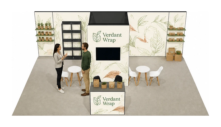 Stoisko 8 × 6 m półwyspowe dla branży opakowania ekologiczne, przykładowa marka Verdant Wrap