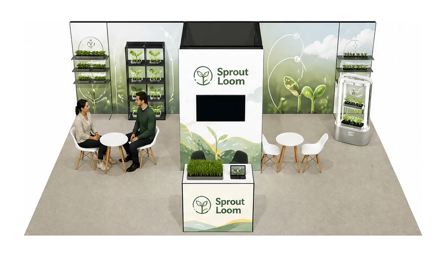 Stoisko 8 × 6 m półwyspowe dla branży sadownictwo i warzywnictwo, przykładowa marka Sprout Loom