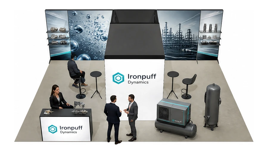 Stoisko 8 × 6 m półwyspowe dla branży pneumatyka i sprężone powietrze, przykładowa marka Ironpuff Dynamics