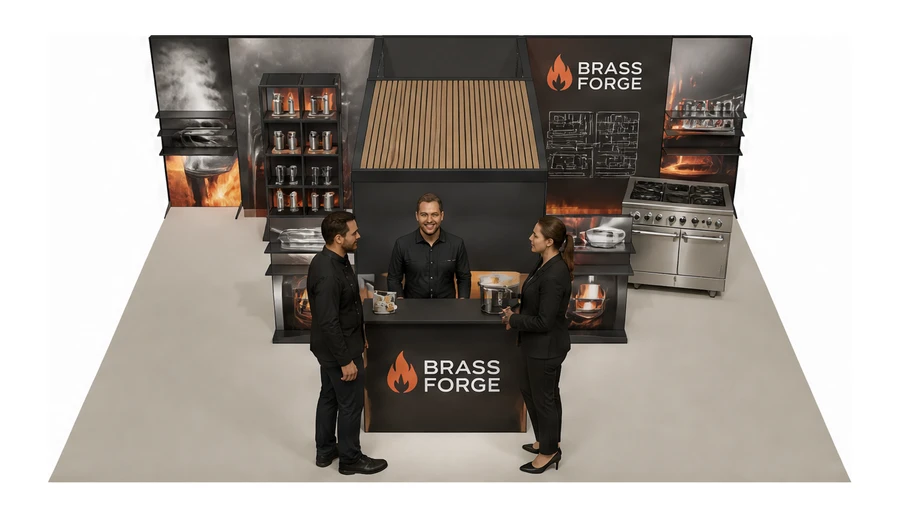 Stoisko 8 × 6 m półwyspowe dla branży wyposażenie gastronomii, przykładowa marka Brass Forge