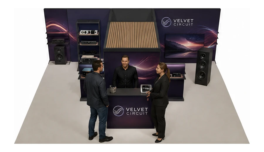Stoisko 8 × 6 m półwyspowe dla branży sprzęt audio-video, przykładowa marka Velvet Circuit