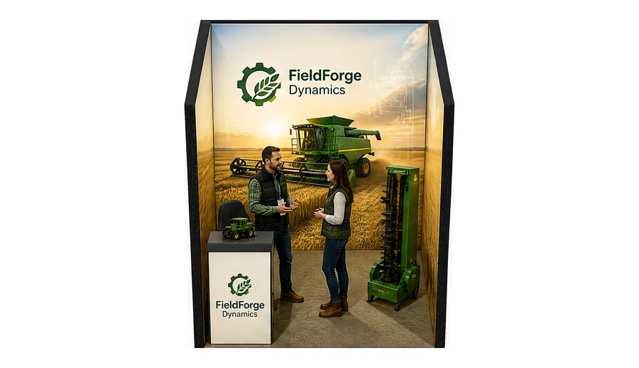 Stoisko 2 × 2 m szeregowe dla branży maszyny rolnicze, przykładowa marka FieldForge Dynamics
