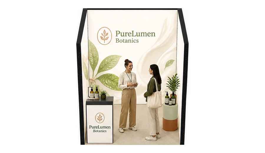 Stoisko 2 × 2 m szeregowe dla branży kosmetyki naturalne, przykładowa marka PureLumen Botanics