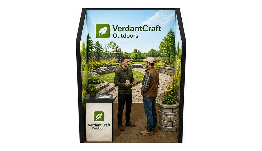 Stoisko 2 × 2 m szeregowe dla branży ogród i architektura krajobrazu, przykładowa marka VerdantCraft Outdoors