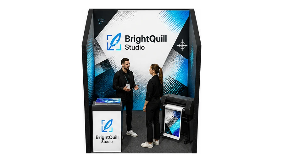 Stoisko 2 × 2 m szeregowe dla branży reklama i druk, przykładowa marka BrightQuill Studio