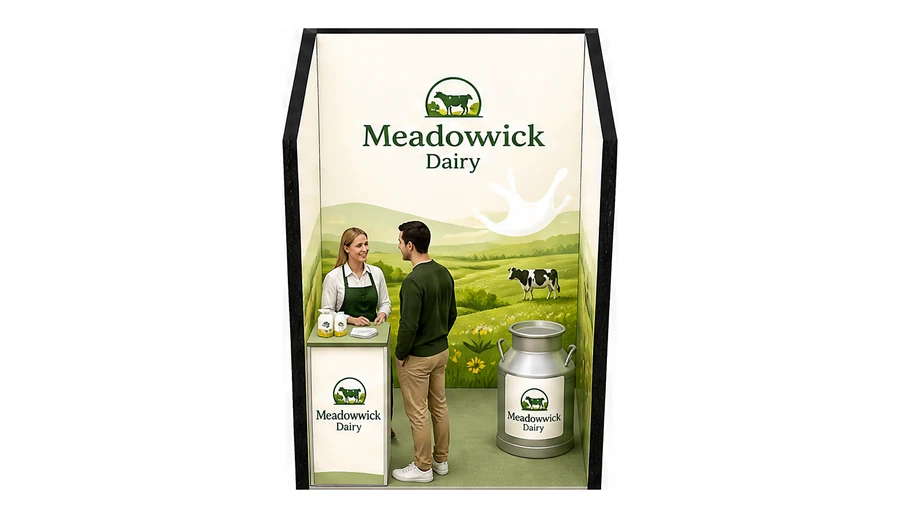 Stoisko 2 × 2 m szeregowe dla branży nabiał i mleczarstwo, przykładowa marka Meadowwick Dairy