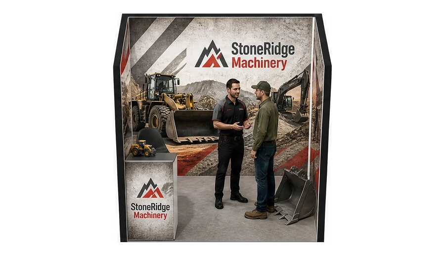 Stoisko 2 × 2 m szeregowe dla branży maszyny budowlane, przykładowa marka StoneRidge Machinery