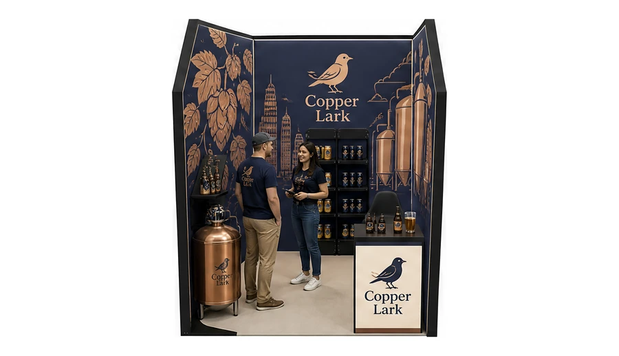Stoisko 2 × 2 m szeregowe dla branży browar rzemieślniczy, przykładowa marka Copper Lark
