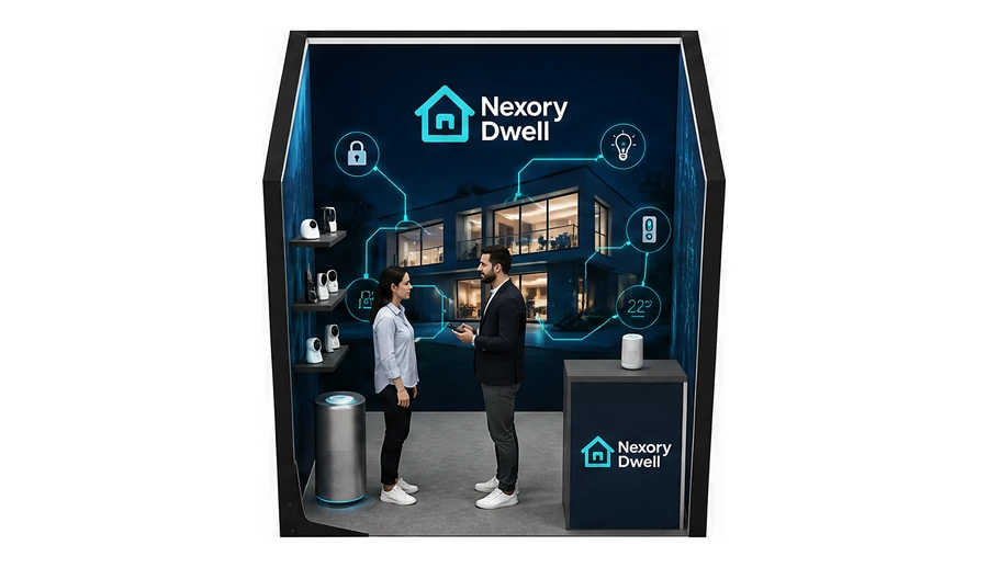 Stoisko 2 × 2 m szeregowe dla branży smart home i IoT, przykładowa marka Nexory Dwell