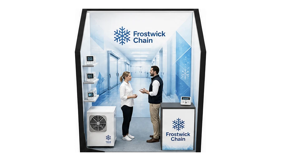 Stoisko 2 × 2 m szeregowe dla branży łańcuch chłodniczy, przykładowa marka Frostwick Chain