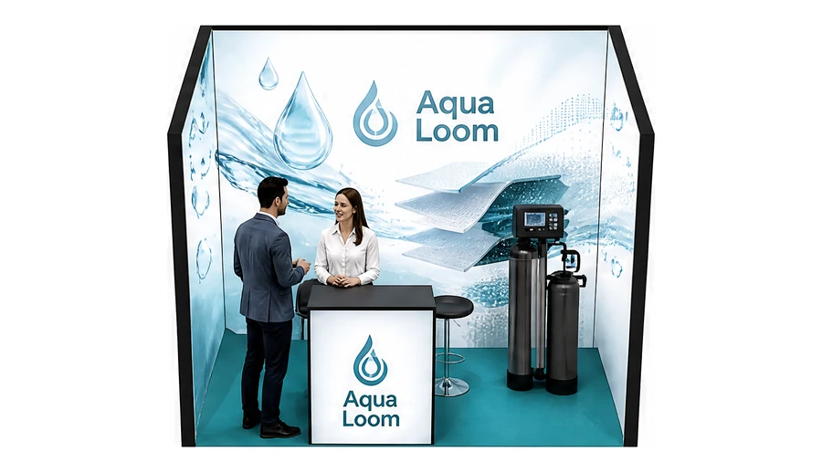 Stoisko 3 × 2 m szeregowe dla branży technologie wodne, przykładowa marka Aqua Loom