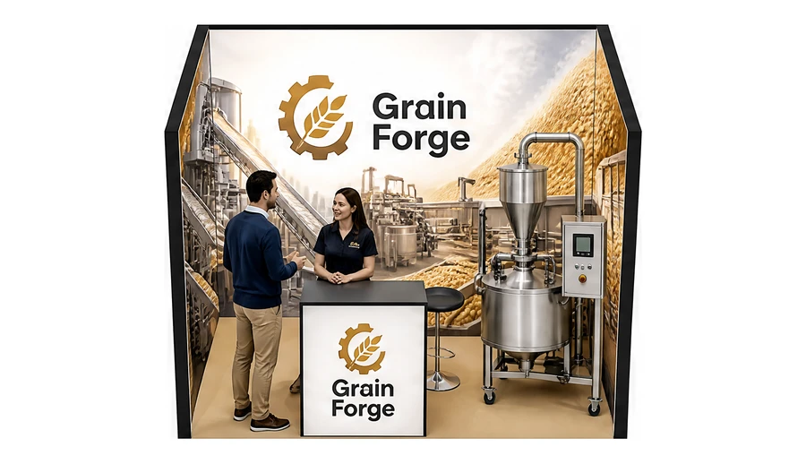 Stoisko 3 × 2 m szeregowe dla branży technologie spożywcze, przykładowa marka Grain Forge