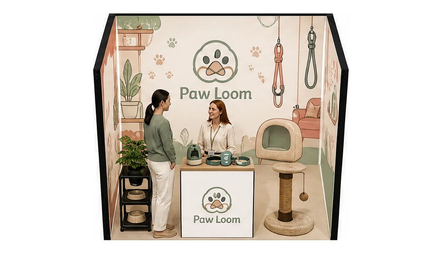 Stoisko 3 × 2 m szeregowe dla branży akcesoria dla zwierząt, przykładowa marka Paw Loom