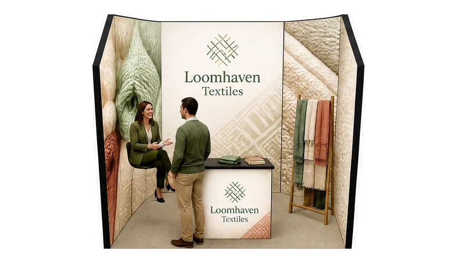 Stoisko 3 × 2 m szeregowe dla branży tekstylia i tkaniny, przykładowa marka Loomhaven Textiles