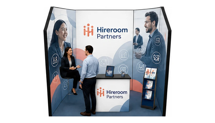 Stoisko 3 × 2 m szeregowe dla branży HR i rekrutacja, przykładowa marka Hireroom Partners