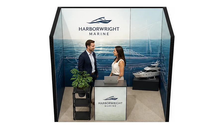 Stoisko 3 × 2 m szeregowe dla branży jachty i łodzie, przykładowa marka Harborwright Marine