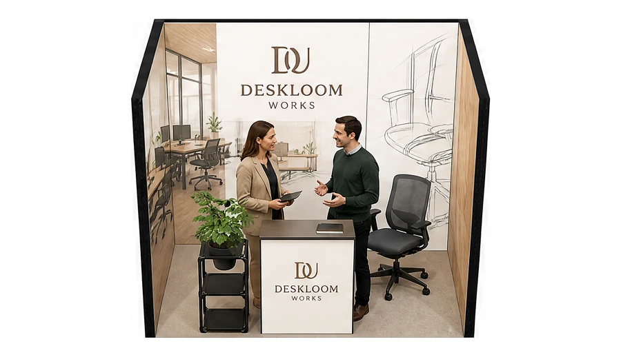 Stoisko 3 × 2 m szeregowe dla branży meble biurowe, przykładowa marka Deskloom Works