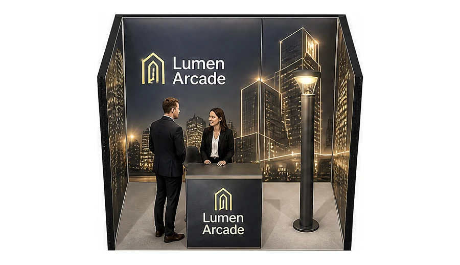 Stoisko 3 × 2 m szeregowe dla branży oświetlenie, przykładowa marka Lumen Arcade