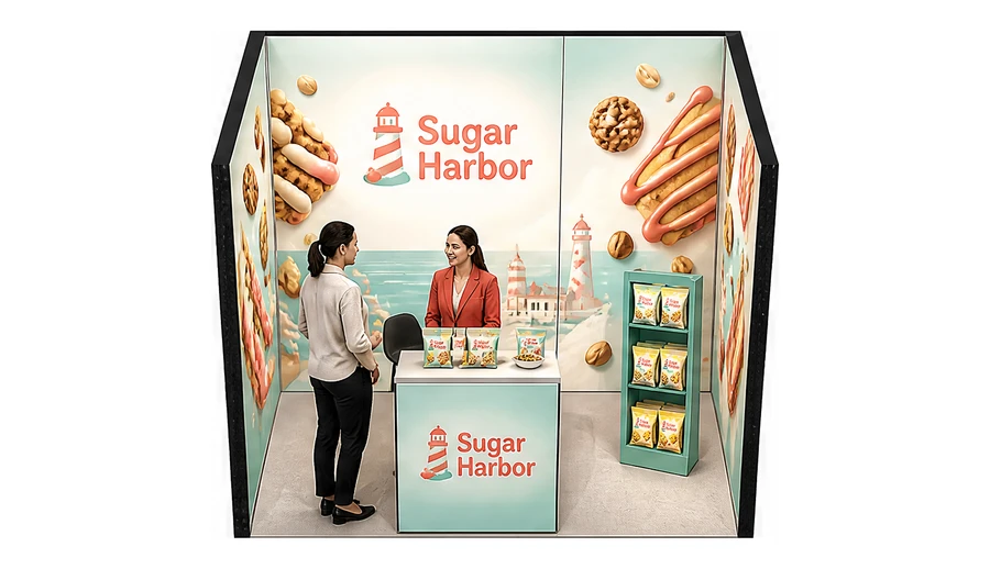 Stoisko 3 × 2 m szeregowe dla branży słodycze i przekąski, przykładowa marka Sugar Harbor