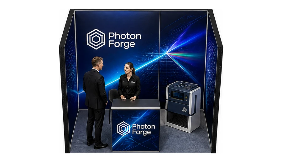 Stoisko 3 × 2 m szeregowe dla branży technika laserowa i fotonika, przykładowa marka Photon Forge