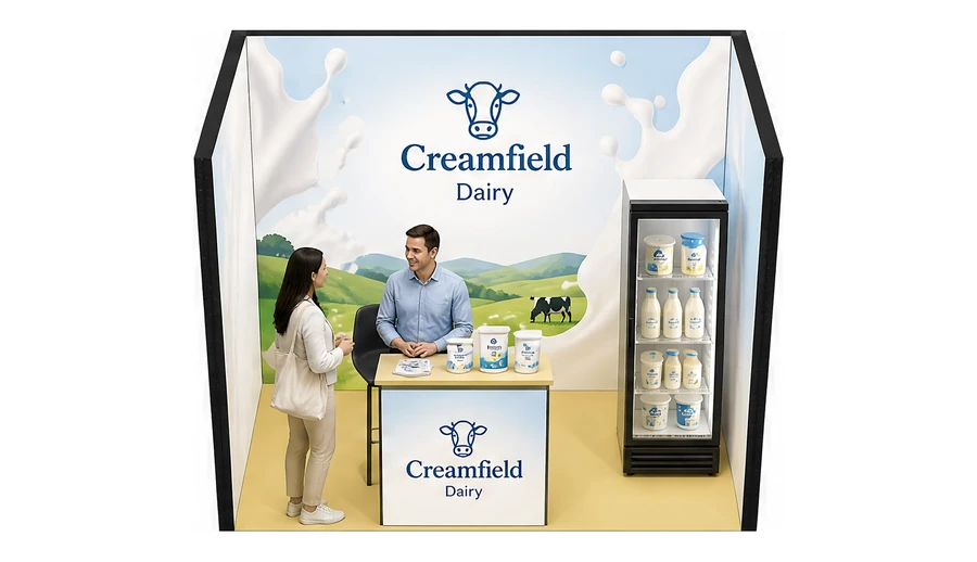Stoisko 3 × 2 m szeregowe dla branży nabiał i mleczarstwo, przykładowa marka Creamfield Dairy