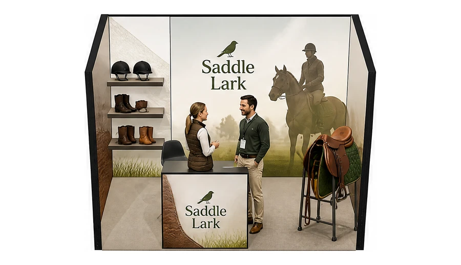 Stoisko 3 × 2 m szeregowe dla branży jeździectwo, przykładowa marka Saddle Lark