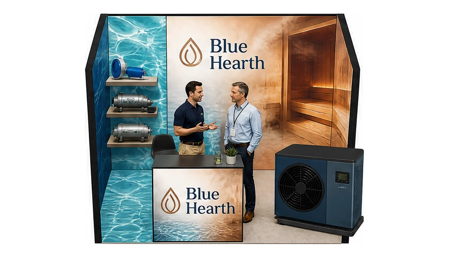 Stoisko 3 × 2 m szeregowe dla branży baseny i sauny, przykładowa marka Blue Hearth