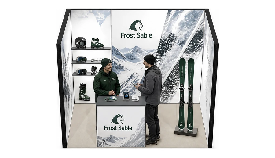Stoisko 3 × 2 m szeregowe dla branży narciarstwo i sporty zimowe, przykładowa marka Frost Sable
