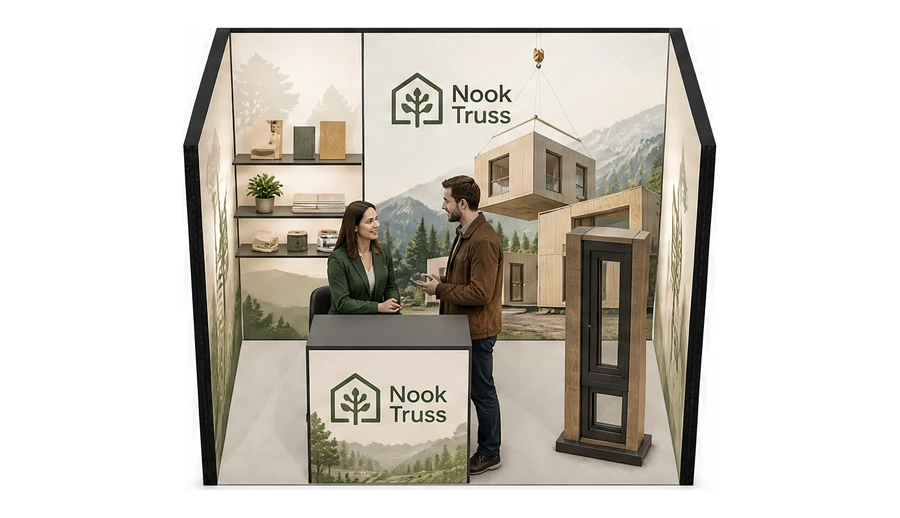 Stoisko 3 × 2 m szeregowe dla branży domy modułowe i prefabrykacja, przykładowa marka Nook Truss