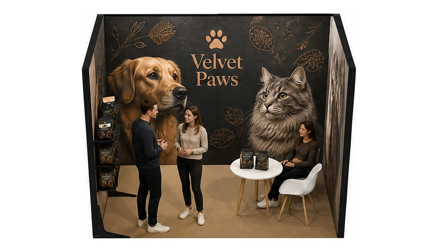 Stoisko 3 × 2 m szeregowe dla branży karma dla zwierząt, przykładowa marka Velvet Paws