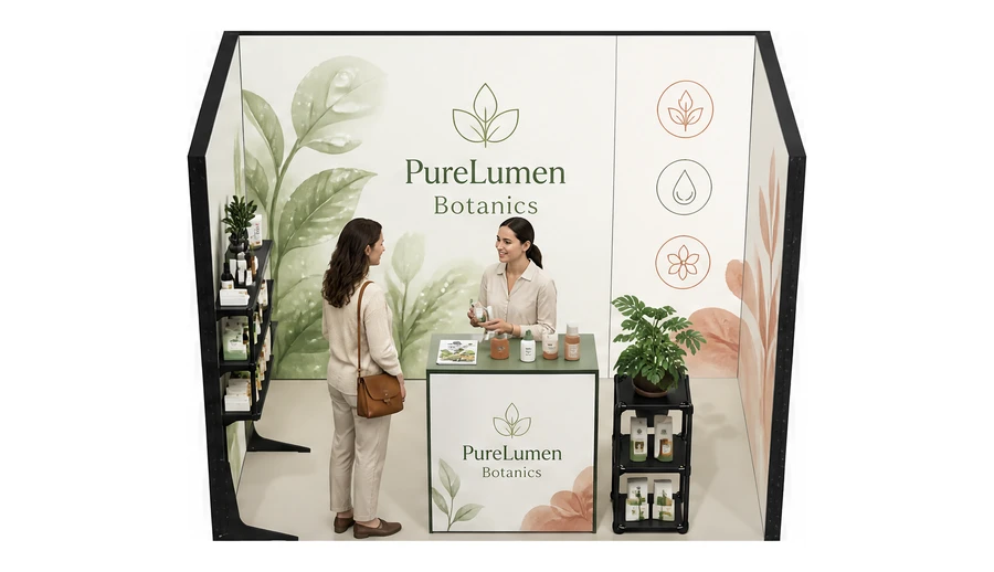 Stoisko 3 × 2 m szeregowe dla branży kosmetyki naturalne, przykładowa marka PureLumen Botanics