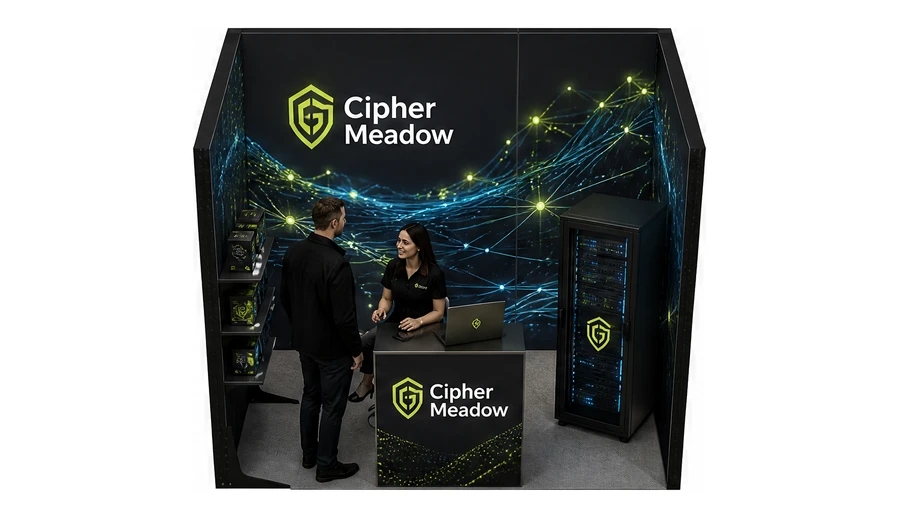 Stoisko 3 × 2 m szeregowe dla branży cyberbezpieczeństwo, przykładowa marka Cipher Meadow