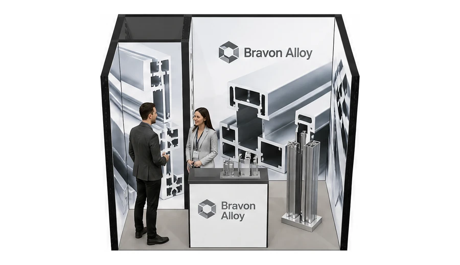 Stoisko 3 × 2 m szeregowe dla branży profile aluminiowe, przykładowa marka Bravon Alloy