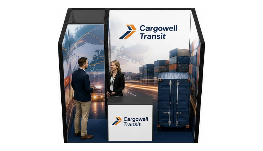 Stoisko 3 × 2 m szeregowe dla branży logistyka i spedycja, przykładowa marka Cargowell Transit