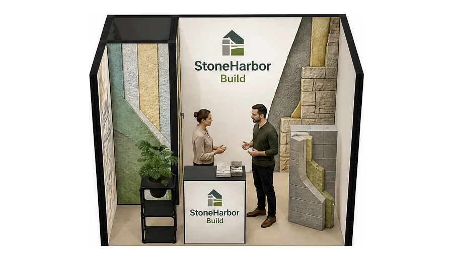 Stoisko 3 × 2 m szeregowe dla branży materiały budowlane, przykładowa marka StoneHarbor Build