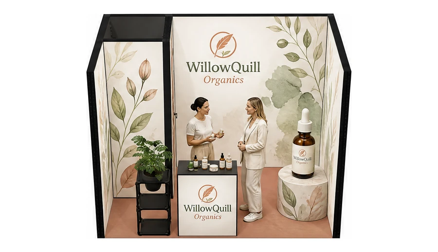 Stoisko 3 × 2 m szeregowe dla branży kosmetyki naturalne, przykładowa marka WillowQuill Organics