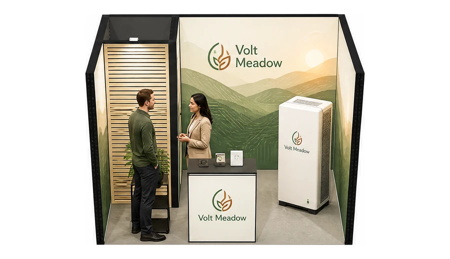Stoisko 3 × 2 m szeregowe dla branży magazyny energii, przykładowa marka Volt Meadow
