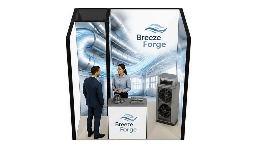 Stoisko 3 × 2 m szeregowe dla branży wentylacja i klimatyzacja, przykładowa marka Breeze Forge