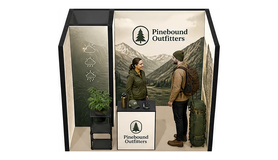 Stoisko 3 × 2 m szeregowe dla branży odzież i sprzęt outdoorowy, przykładowa marka Pinebound Outfitters