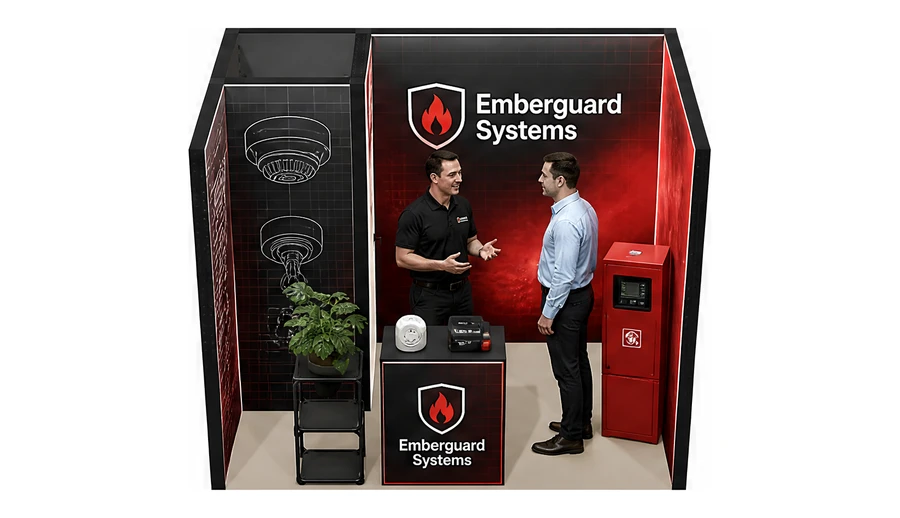 Stoisko 3 × 2 m szeregowe dla branży ochrona przeciwpożarowa, przykładowa marka Emberguard Systems