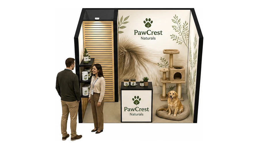 Stoisko 3 × 2 m szeregowe dla branży weterynaria, przykładowa marka PawCrest Naturals