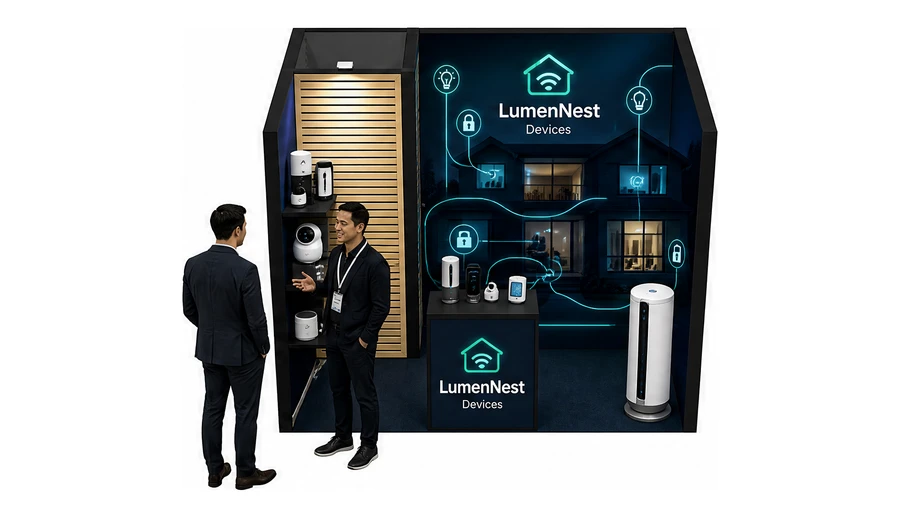 Stoisko 3 × 2 m szeregowe dla branży smart home i IoT, przykładowa marka LumenNest Devices
