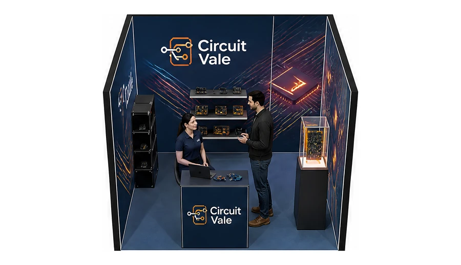 Stoisko 3 × 3 m szeregowe dla branży komponenty elektroniczne, przykładowa marka Circuit Vale