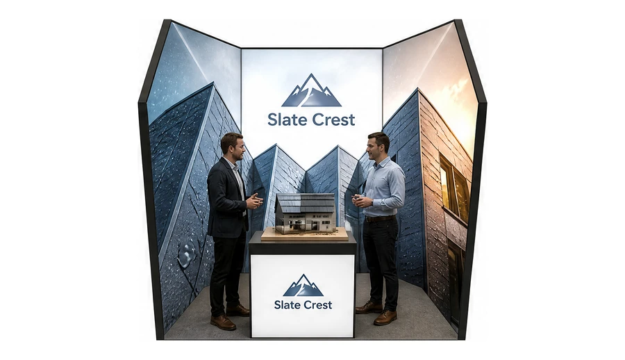 Stoisko 3 × 3 m szeregowe dla branży dachy i elewacje, przykładowa marka Slate Crest