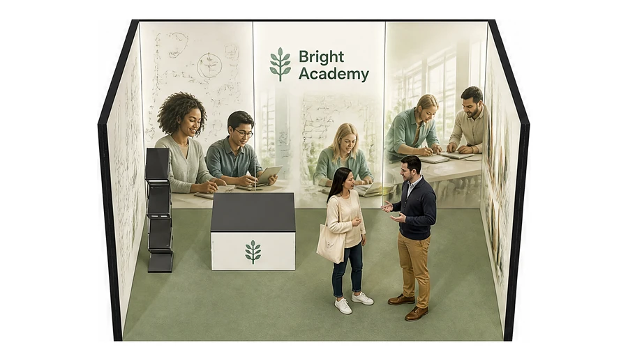 Stoisko 3 × 3 m szeregowe dla branży edukacja i szkolenia, przykładowa marka Bright Academy