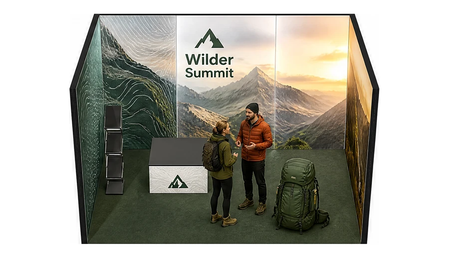 Stoisko 3 × 3 m szeregowe dla branży odzież i sprzęt outdoorowy, przykładowa marka Wilder Summit