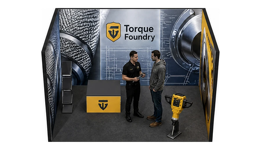 Stoisko 3 × 3 m szeregowe dla branży elektronarzędzia, przykładowa marka Torque Foundry
