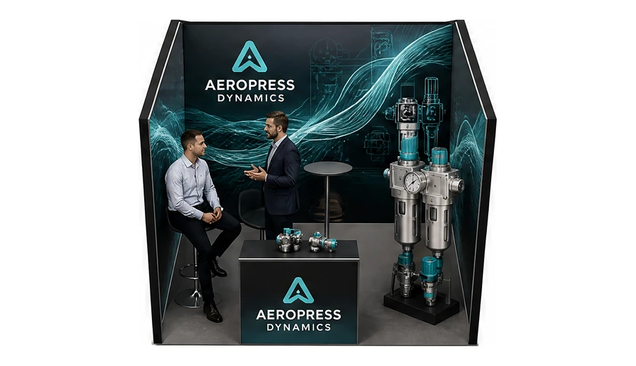 Stoisko 3 × 3 m szeregowe dla branży pneumatyka i sprężone powietrze, przykładowa marka Aeropress Dynamics