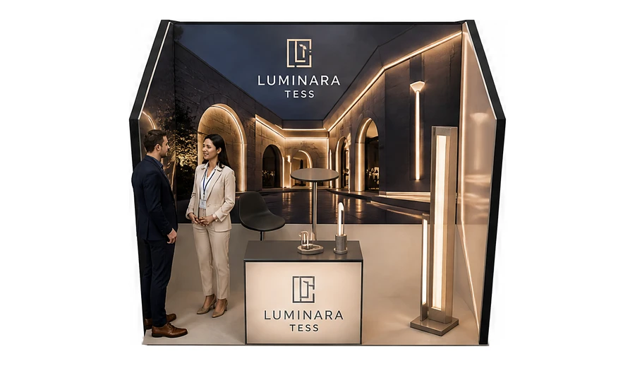 Stoisko 3 × 3 m szeregowe dla branży oświetlenie, przykładowa marka Luminara Tess