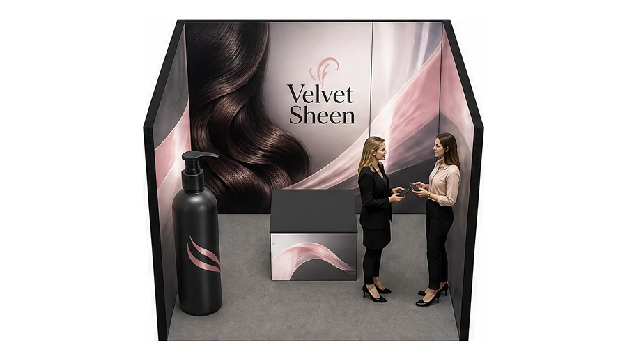 Stoisko 3 × 3 m szeregowe dla branży fryzjerstwo i salony beauty, przykładowa marka Velvet Sheen